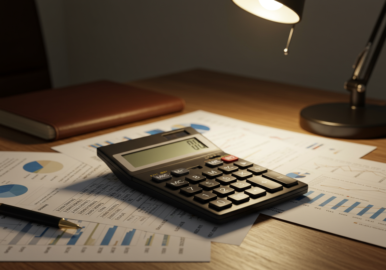 Calculatrice et documents financiers sur un bureau
