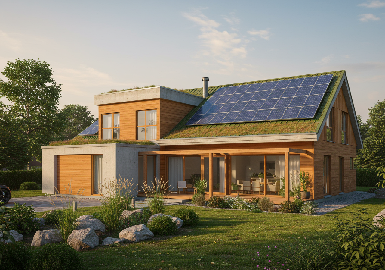 Maison avec panneaux solaires et design écologique